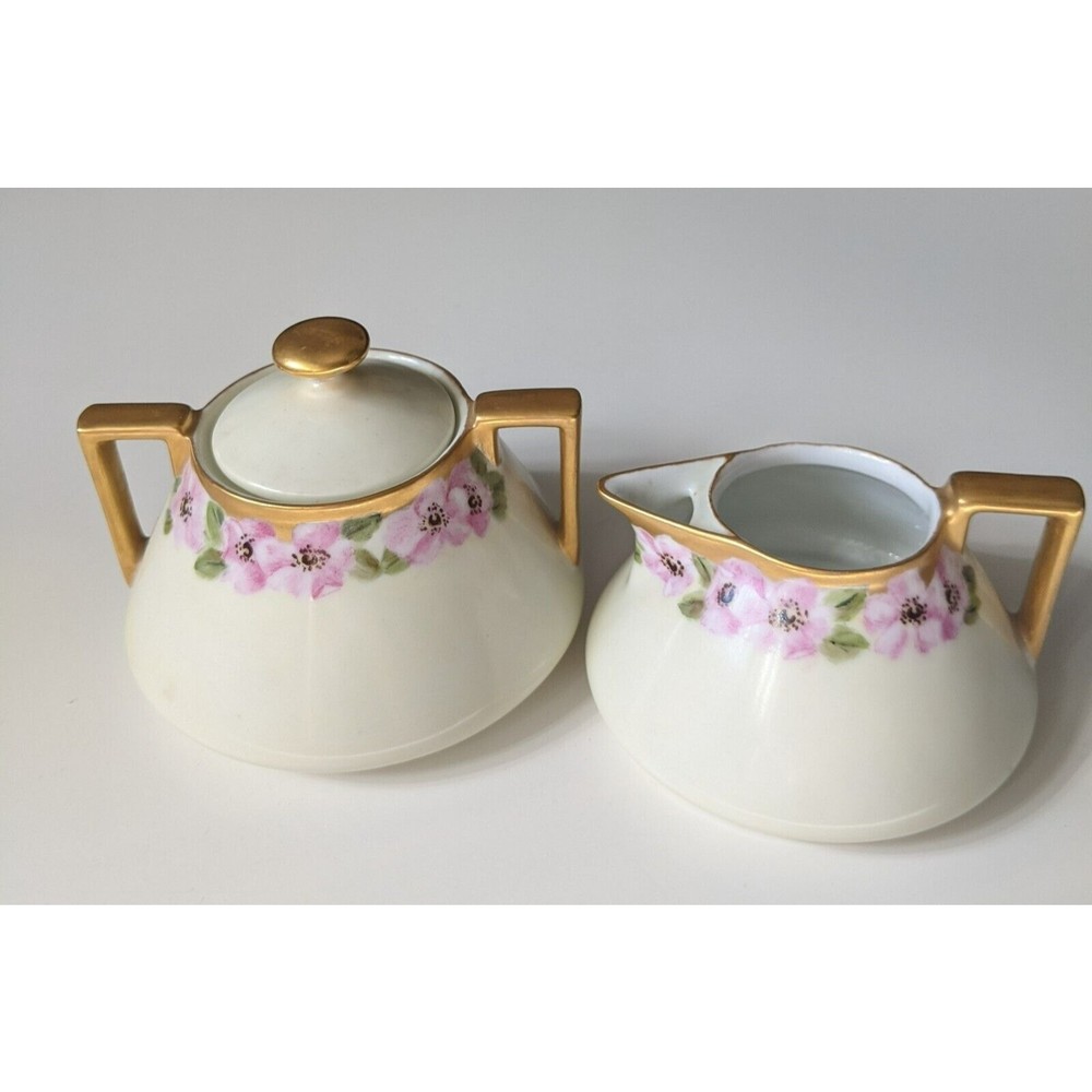 BAVARIA HAND PAINTED ROSE FLORAL & GOLD ART DECO CREAMER & SUGAR